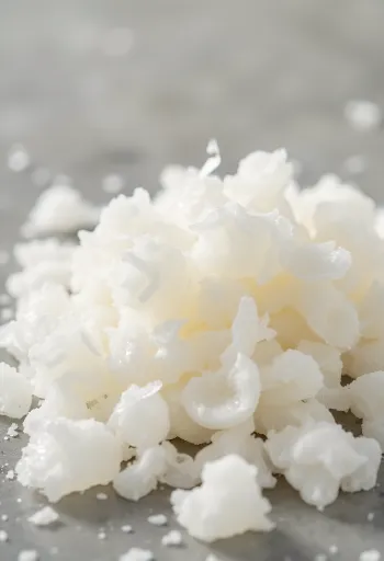 Ahşap zemin üzerinde kaselerde agar tozu ve agar pulları, yanında hazır jöle