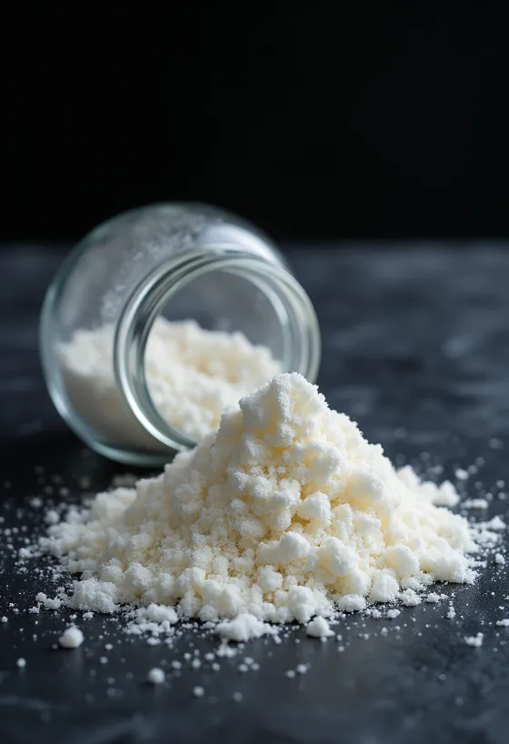 Kavanozda ve kaşıkta ince yapılı beyaz agar agar tozu