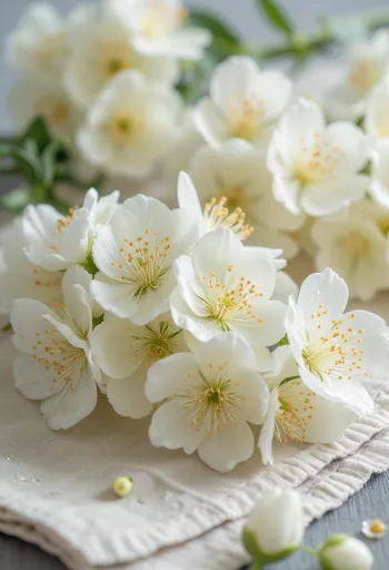 Beyaz tabakta sunulan taze yenilebilir akasya çiçeği