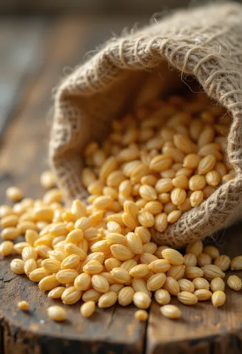 Küçük bir çuvaldan dökülen siyez buğdayı taneleri ve un