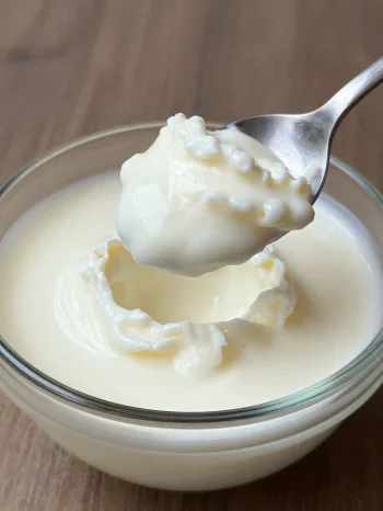 Rustik seramik kasede kaşıklı ve hafif sulu kesik süt