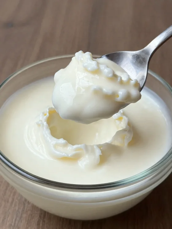 Rustik seramik kasede kaşıklı ve hafif sulu kesik süt