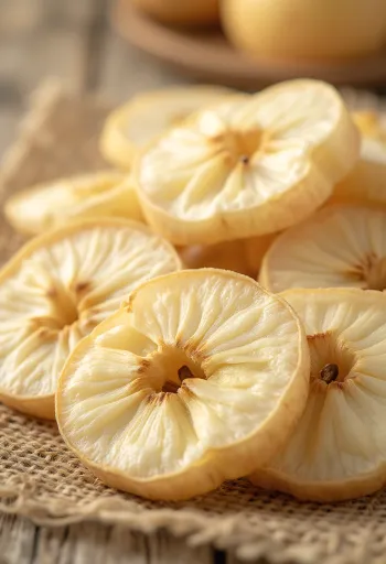 Kasede elma kurusu dilimleri, yanında taze elma, tarçın çubuğu ve bal