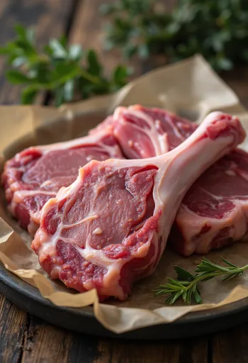 Ahşap kesme tahtasında kemikli taze çiğ kuzu pirzola