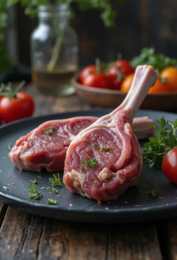 Rustik ahşap kesme tahtasında düzenlenmiş çiğ kuzu incik fileto