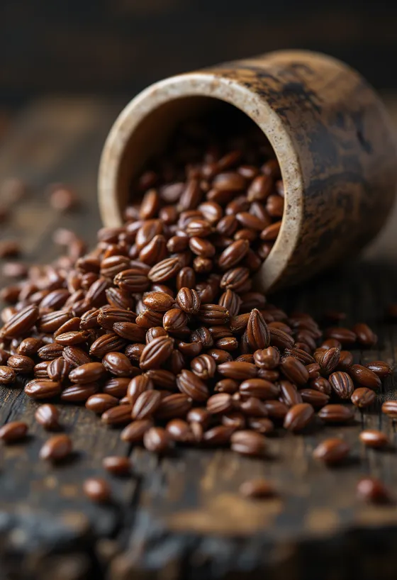 Ahşap yüzeyde küçük kasede bütün kahverengi keten tohumları