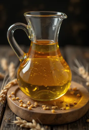 Küçük bir kasede buğday ruşeymi yağı, yanında buğday taneleri ve ruşeym