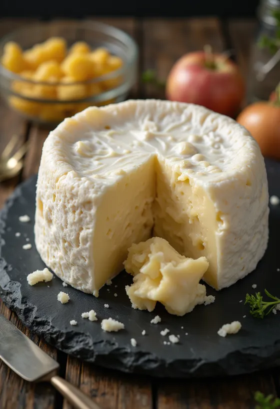 Ahşap tahtada dilimlenmiş, içi akışkan ve kremsi Camembert peyniri