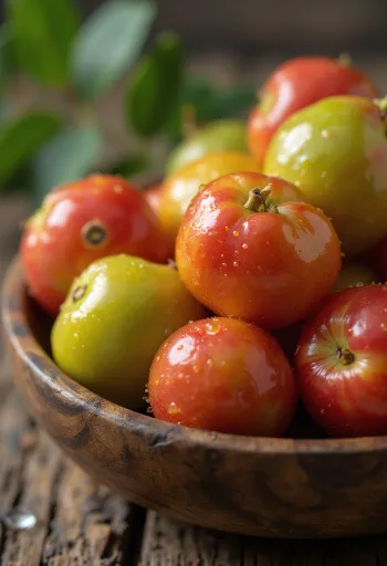 Taze, kırmızımsı Camu Camu meyveleri, bütün ve kesilmiş halde
