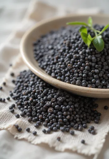 Beyaz zemin üzerine serpiştirilmiş siyah chia tohumları yakın çekim