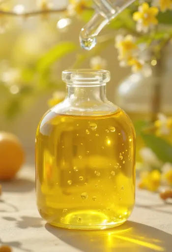 Küçük şişede chia yağı ve yanında ahşap kasede chia tohumları