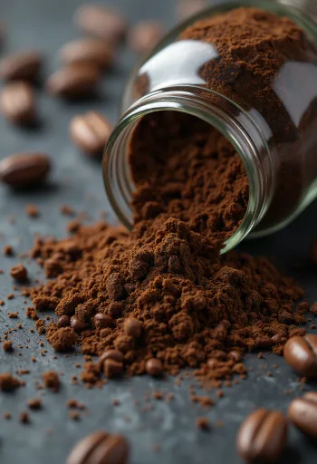 Kasede ve kaşıkta kavrulmuş hindiba kahvesi granülleri ve kurutulmuş kök parçaları