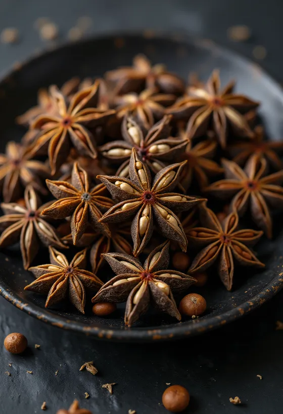 Ahşap zeminde kurutulmuş tane yıldız anason baharatları