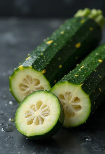 Yarım kesilmiş taze kabak, açık renkli iç kısmı ve pürüzsüz yeşil kabuğuyla