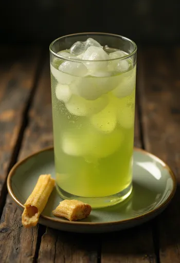 Bardakta taze sıkılmış şeker kamışı suyu ve yanında kesilmiş şeker kamışı parçaları