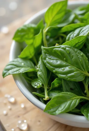 Ahşap mutfak yüzeyinde taze köri yaprakları, bir kısmı kasede doğranmış