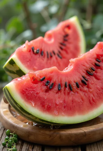 Ahşap yüzeyde kırmızı içli ve siyah çekirdekli taze kesilmiş karpuz