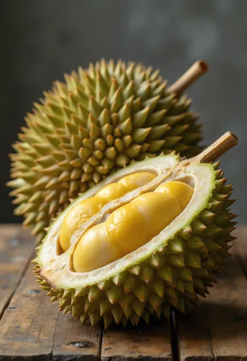 Bütün ve kesilmiş dikenli kabuklu, içi kremamsı durian meyvesi