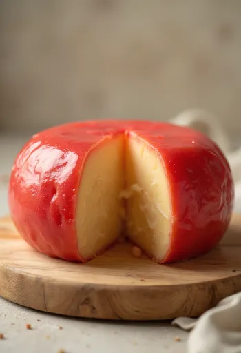 Ahşap peynir tahtasında kırmızı mum kaplı dilimlenmiş Edam peyniri