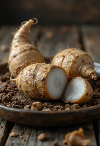 Doğal dokusu ve renkleriyle kurutulmuş Eddoe kökü