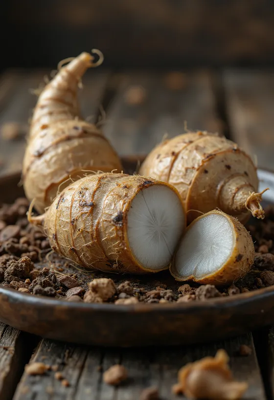 Doğal dokusu ve renkleriyle kurutulmuş Eddoe kökü