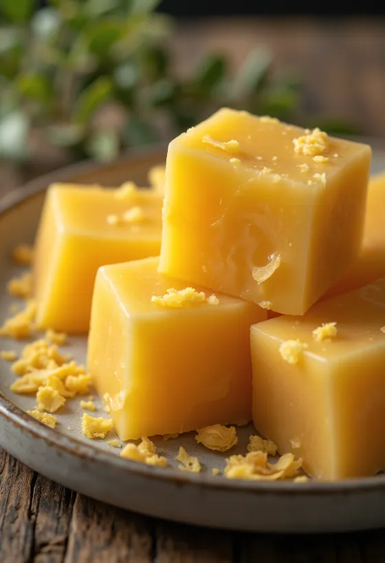 Gıda tipi balmumu blok ve rende halinde ahşap yüzeyde