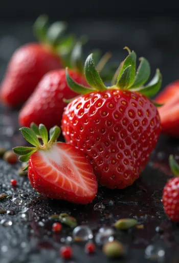 Rustik ahşap masada çilek reçeli ile birlikte taze bütün ve kesilmiş çilekler