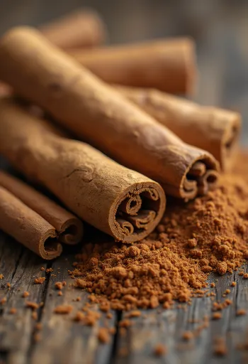 Ahşap mutfak zemininde toz tarçın ve çubuk tarçınlar