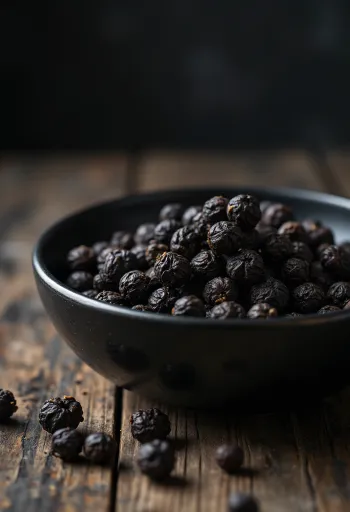 Ahşap kasede ve etrafa saçılmış tane karabiberler