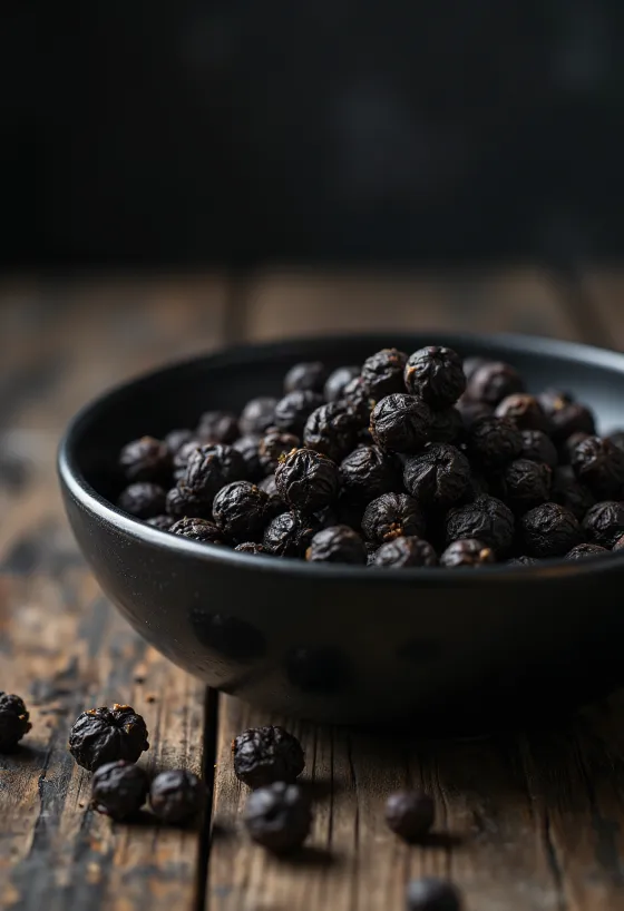 Ahşap kasede ve etrafa saçılmış tane karabiberler