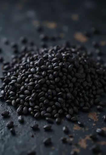 Ahşap yüzeyde ve kasede serpilmiş kabuklu siyah susam