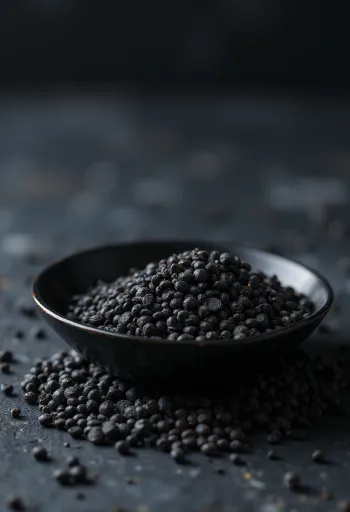 Ahşap yüzeyde küçük kasede tane siyah hardal tohumu