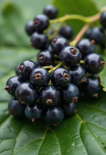 Kasede taze siyah frenk üzümleri, ev yapımı reçel ve yapraklar eşliğinde masada