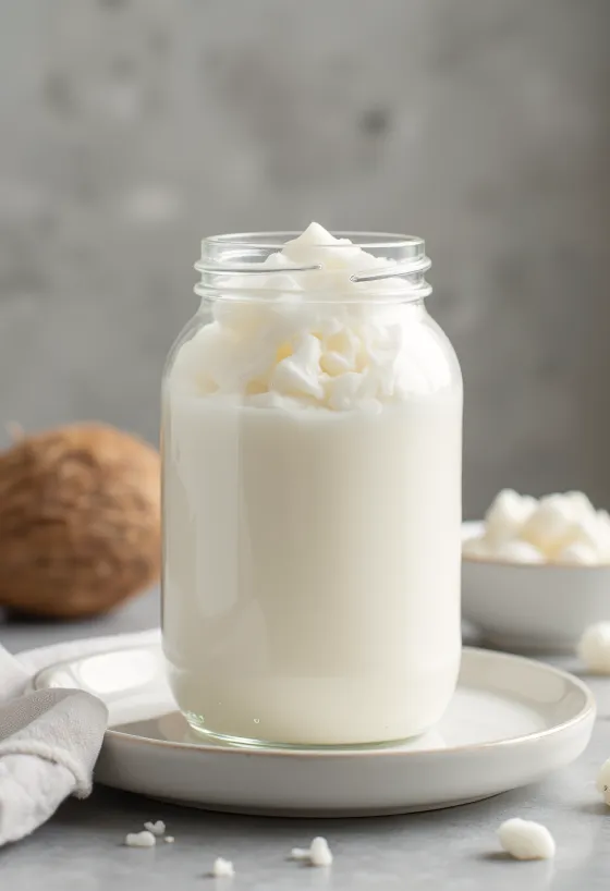 Küçük kasede rafine Hindistan cevizi yağı, yanında beyaz Hindistan cevizi rendesi