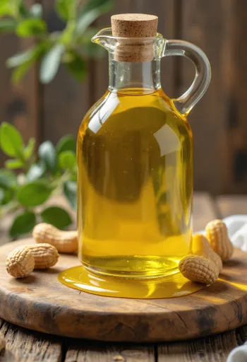 Cam şişede yer fıstığı yağı, yanında soyulmuş yer fıstıkları ile sunum