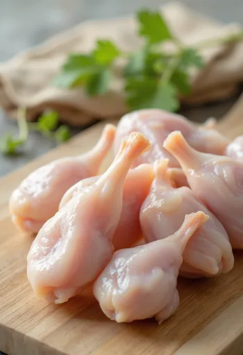 Ahşap kesme tahtasında biberiye ve kekik ile taze bıldırcın eti parçaları