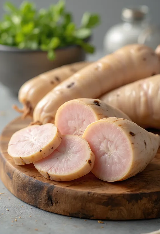 Kasede dilimlenmiş ve şerit halinde taze havlıcan kökü