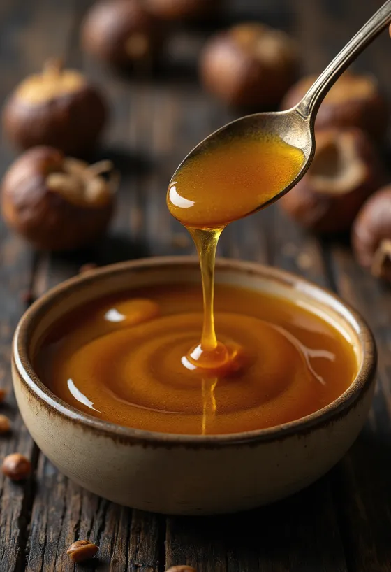 Koyu renkli kestane balı kavanozda, bal kaşığı ve çiçekler eşliğinde