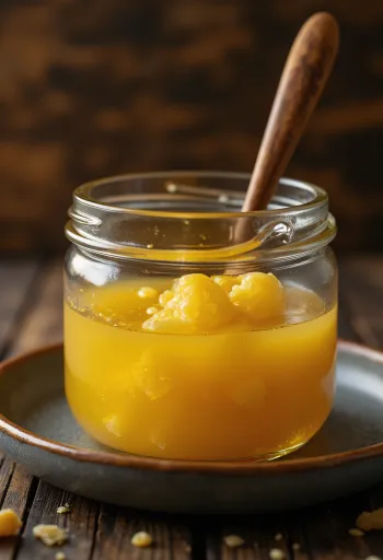 Cam kasede sade yağ (ghee), yanında tahta kaşık