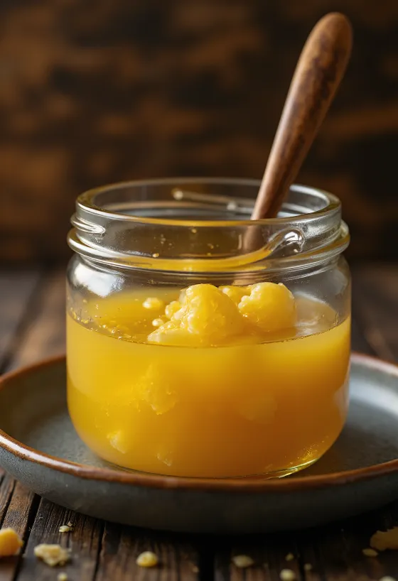 Cam kasede sade yağ (ghee), yanında tahta kaşık