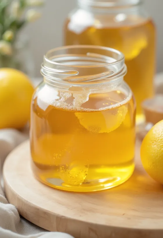 Küçük bir kavanozda glikoz şurubu ve yanında kaşıktan süzülen şurup