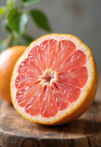 Ahşap yüzeyde yeşil yapraklarla yarım kesilmiş taze greyfurt