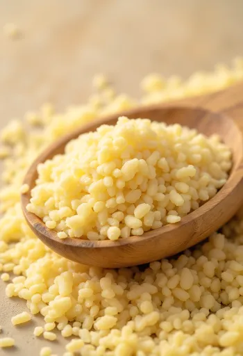 Ahşap yüzeyde rustik kasede çiğ irmik, etrafa saçılmış taneler