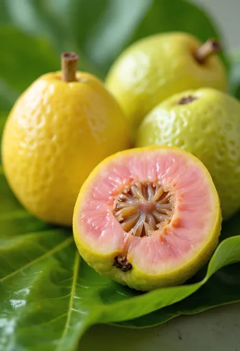 Kesilmiş taze guava meyveleri, pembe eti ve yeşil kabuğuyla ahşap yüzeyde