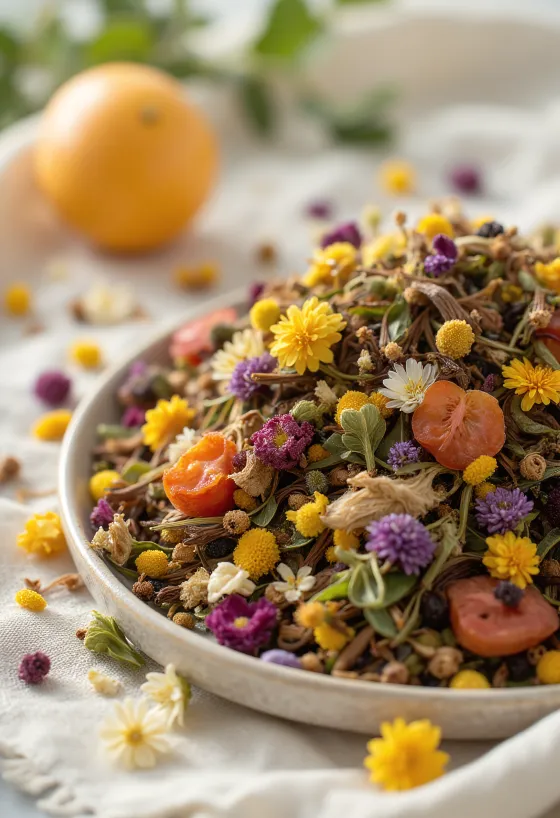 Kasede karışık kurutulmuş bitki çayı yaprakları ve tahta kaşık