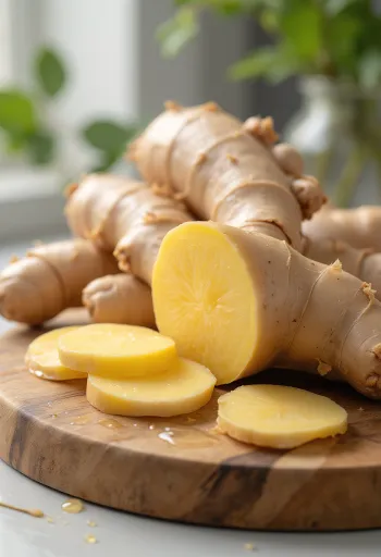 Ahşap yüzeyde taze zencefil kökü, dilimlenmiş ve rendelenmiş zencefil