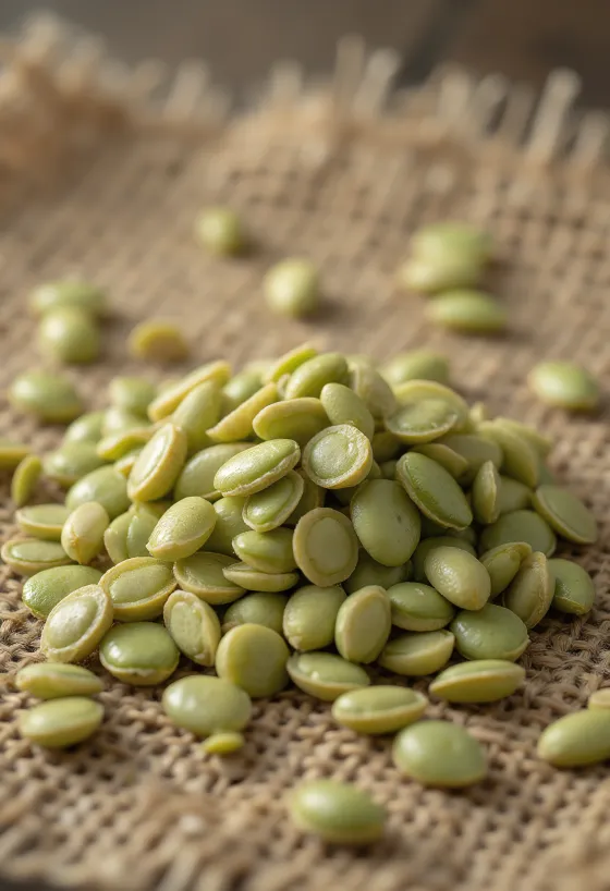 Açık renkli zemin üzerinde soyulmuş kenevir tohumları, yakın çekim