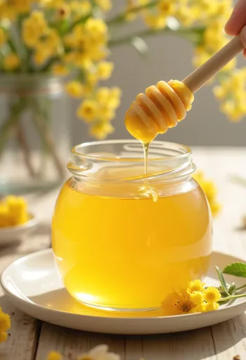 Kavanozda ıhlamur balı, bal kaşığı ve ıhlamur çiçekleri