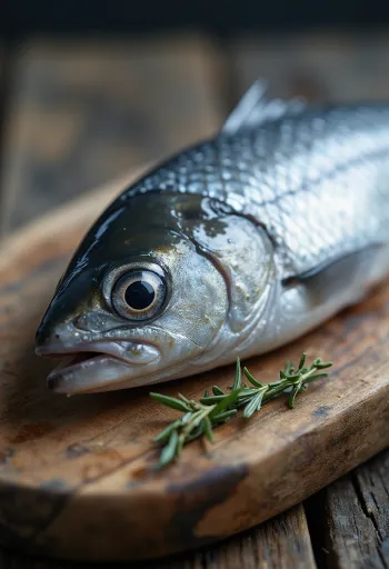 Ahşap kesme tahtasında limon, soğan ve dereotu ile taze ringa balığı