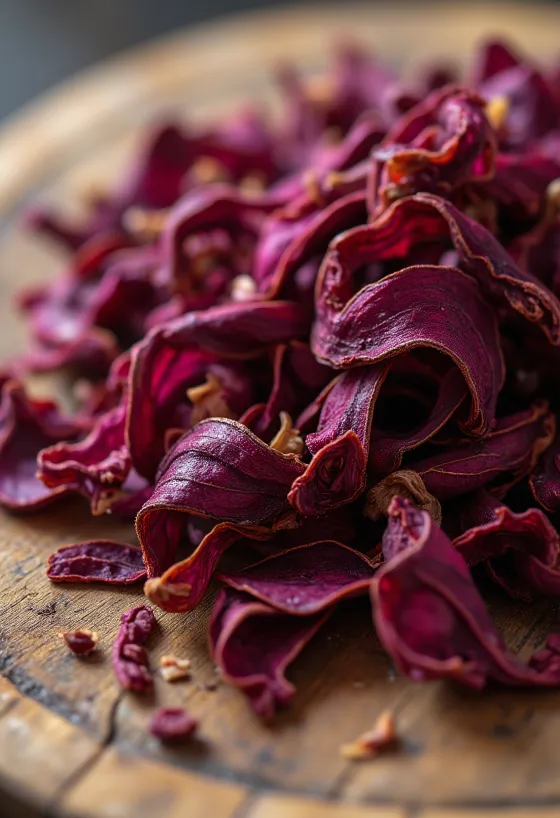 Kasede kurutulmuş kırmızı hibiskus yaprakları ve tahta kaşık